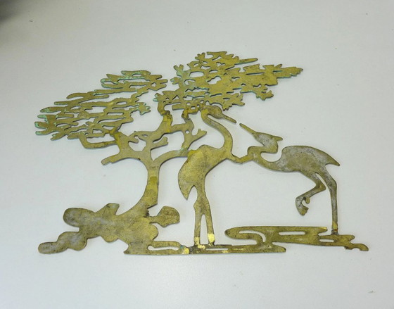 Image 1 of Decorazione murale vintage con gru in ottone, stile anni '50, '60, '70, arredamento di metà secolo.