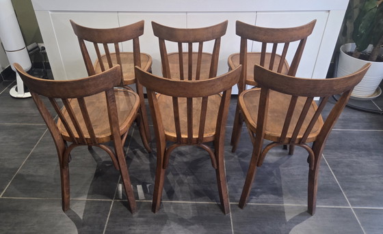 Set van 6 vintage Fischel bistrostolen uit de jaren 70. – Eetkamerstoelen, Wood (photo 5 of 10)