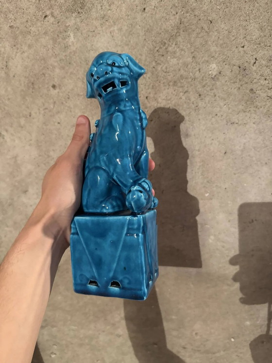 Pair of blue Fô dogs - glazed ceramic - Chinese blue - mid 20th century, Decorative Objects, Porcelain (photo 8 of 9)
