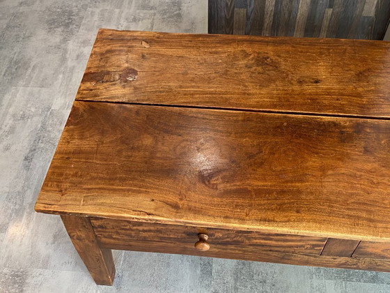 Image 1 of Rustic farmhouse coffee table in solid wood with 2 drawers, circa 1930