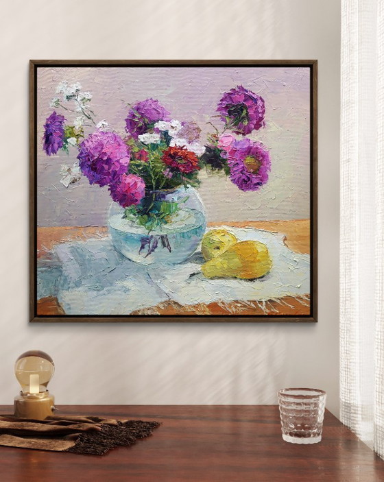 Image 1 of Peinture à l'huile originale Nature morte Asters dans un vase sur une table