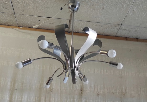 Image 1 of Lustre 6 feux Space-Age en métal chromé et brossé - années 70