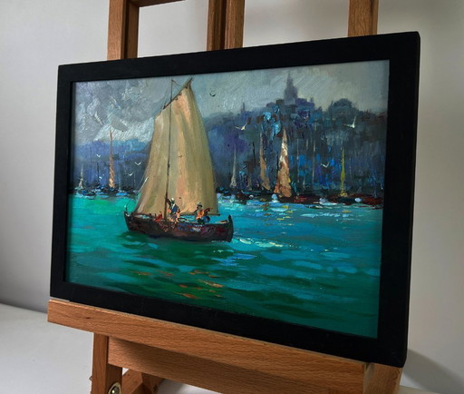 Original Oil Painting Gloomy City Landscape Fishermen greet the dawn at sea