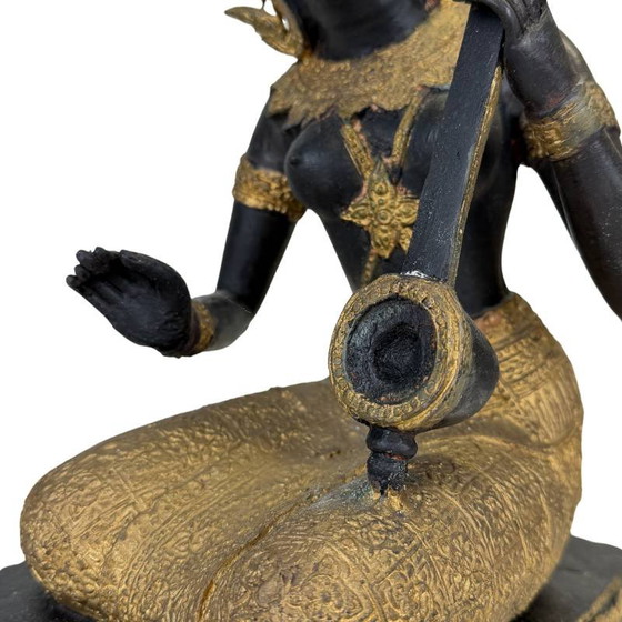 Thaise Muzikant Beeld Brons – Goud Zwart Patina Tempelfiguur – Beeldhouwkunst, Bronze, Aziatisch (photo 12 of 14)