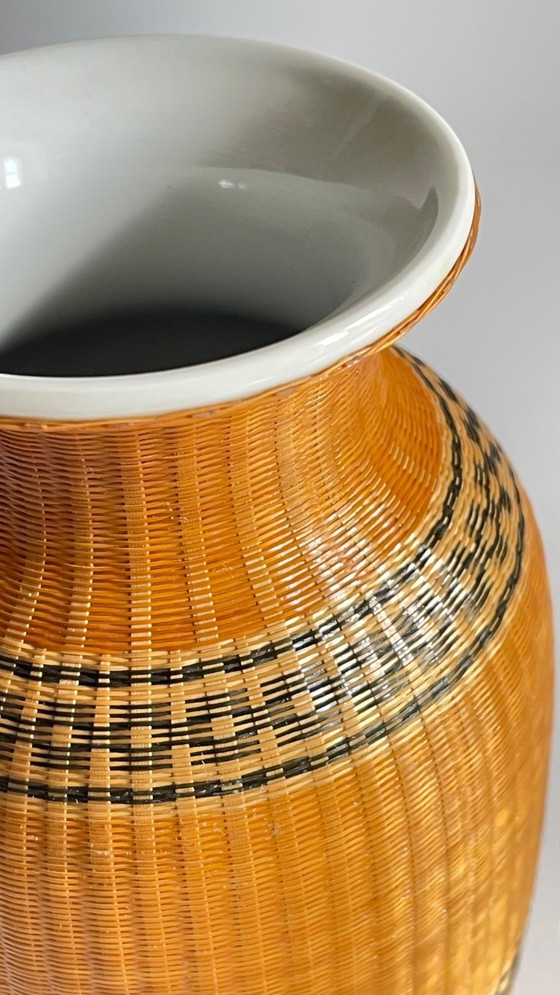 Image 1 of Vintage Woven Bamboo and Fine Porcelain Vase