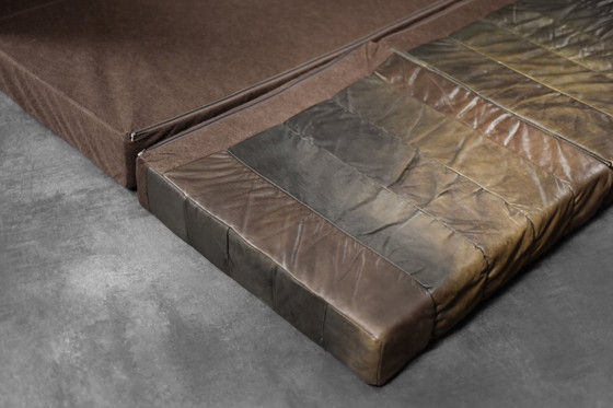 Image 1 of Vintage Mid-Century Modern German Brutalist 2-Seater Brown Leather Bed Sofa, 1970s