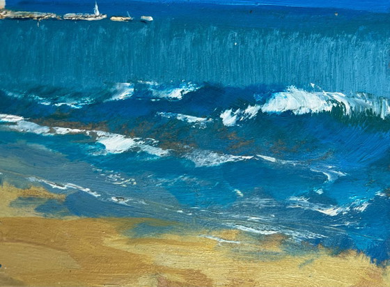 Image 1 of Original Oil Painting Summer Beach Landscape Walking along the sandy shore