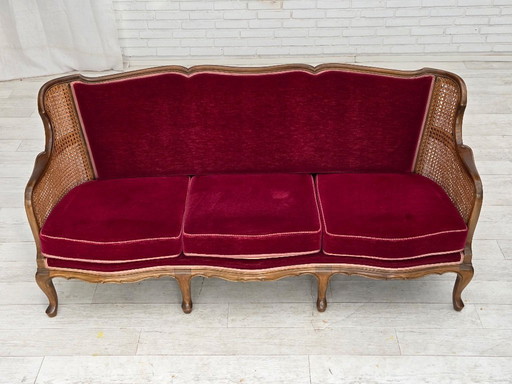 1950s, Danish 3-seater sofa, furniture velour, ash wood, furniture mesh.