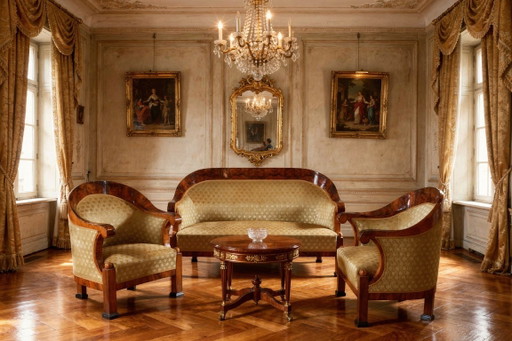 Conjunto de asientos estilo Imperio restaurado, nogal, con incrustaciones, de estilo polaco renovado, Austria, década de