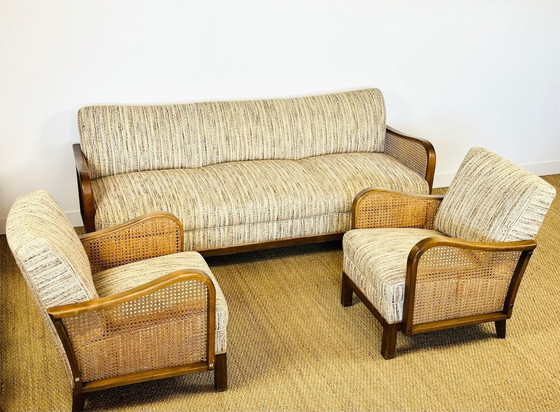 Image 1 of Vintage Art Deco woonkamerset van gebogen hout en riet, 1950, set van 3