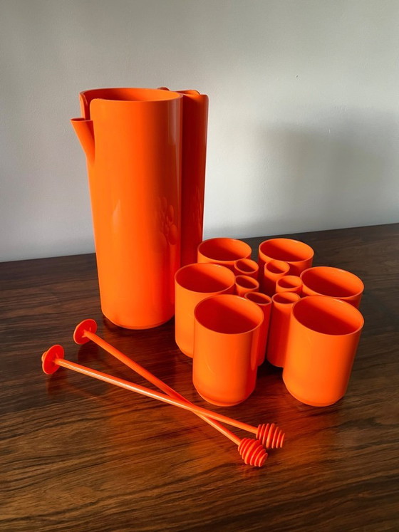 Image 1 of Servizio da succo di frutta vintage francese anni '70, confezione da 9 bottiglie di aranciata Vitrac