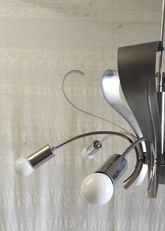 Image 1 of Lustre 6 feux Space-Age en métal chromé et brossé - années 70