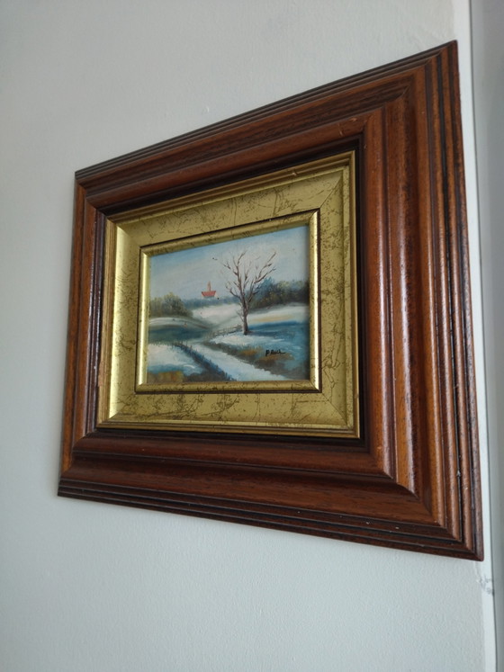 Image 1 of Antieke miniatuurschildering, winterlandschap, olieverf op hout, F. Roch