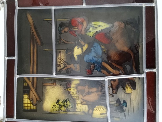 Image 1 of Antiek Glas in Lood Slagers Slachthuis Koeien