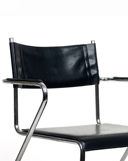 Sillones voladizos vintage, juego de 4, cuero negro y cromo, década de 1970.