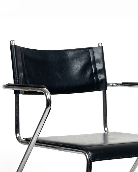 Image 1 of Vintage cantilever fauteuils, set van 4, zwart leer en chroom, jaren 70