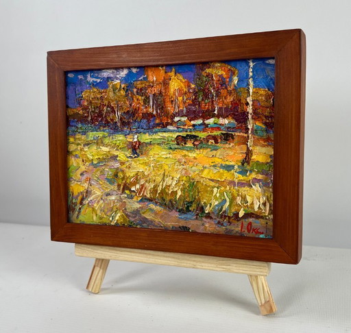 Original Oil Painting Fall Field Landscape Golden breath of autumn