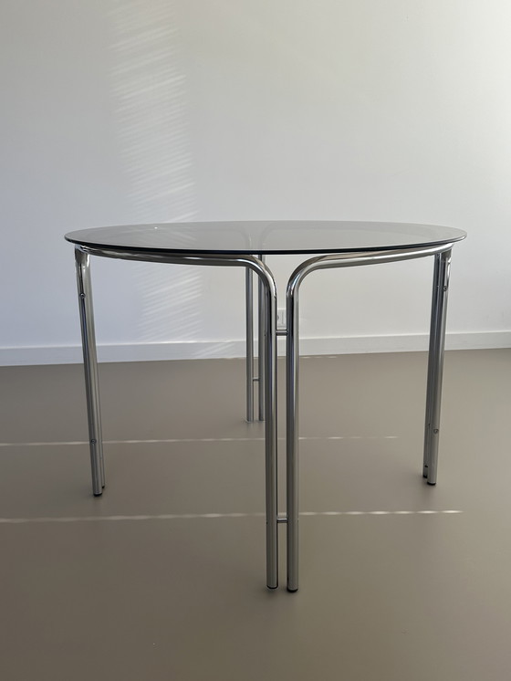 Image 1 of Vintage Chrome Dining Table Bauhaus Style Smoked Glass