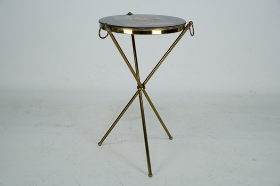 Image 1 of Small Italian brass and wood tripod coffee table from 50s