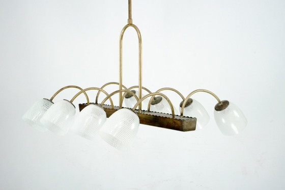 Image 1 of Kroonluchter van Venini Reticello-glas uit het midden van de 20e eeuw, met 8 armen, Murano, Italië, jaren 1940.