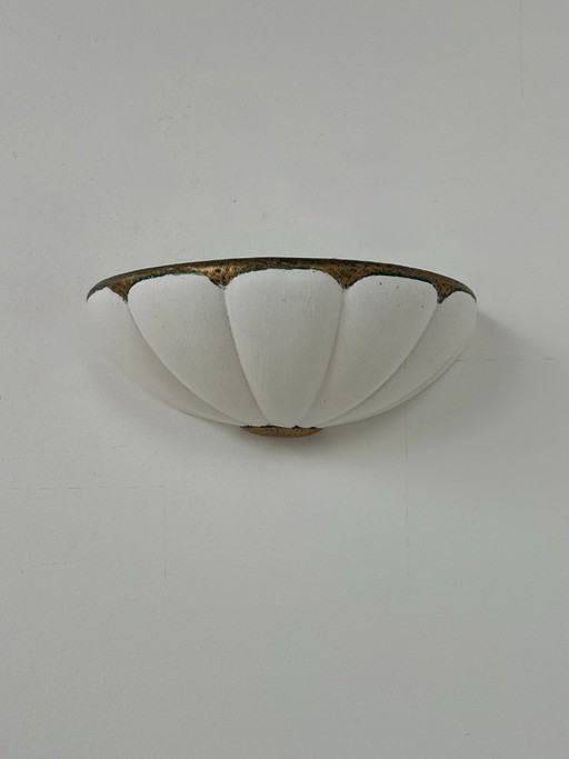 Pair of vintage seashell wall sconces, matte white plaster and gold details, France, 1970