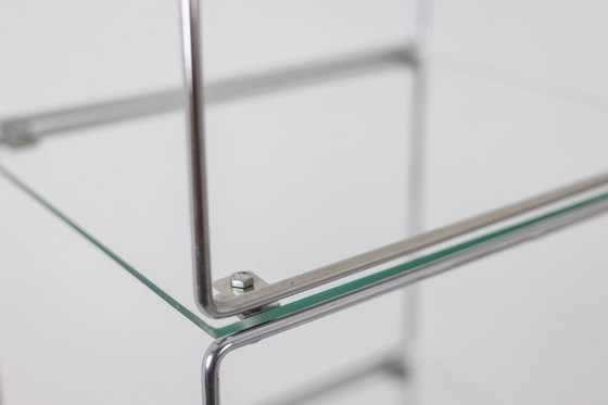 Image 1 of Set of 3 chrome-plated metal and glass shelves. 1970s