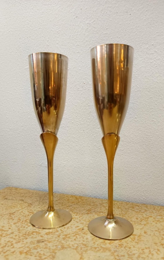 Image 1 of 8 champagneglazen van metaal en messing in Hollywood Regency-stijl uit 1970