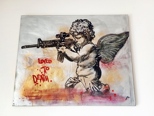 Putto avec une mitraillette" - peinture de rue/pop art à l'huile et aux techniques mixtes, environ 2010