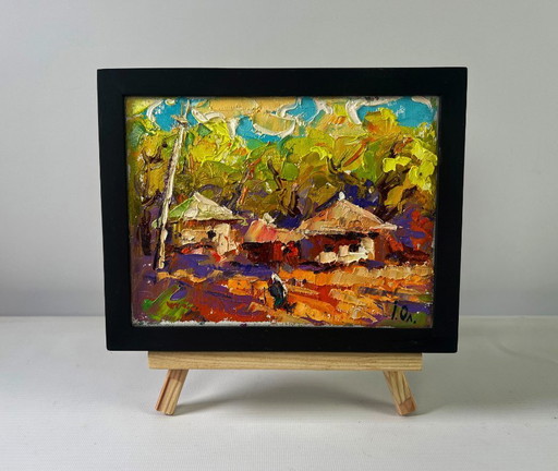 Original Oil Painting Autumn Village Landscape Warm evening sun sets over the horizon