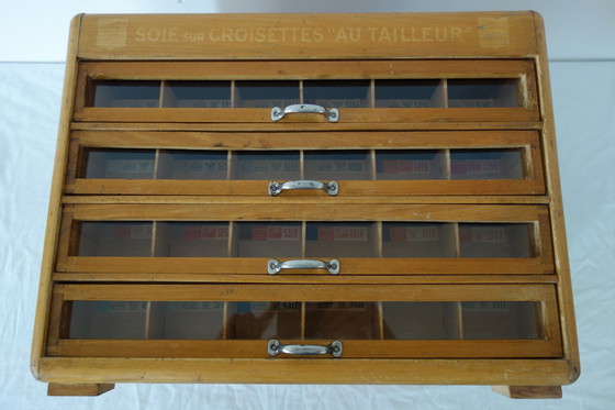 Image 1 of 4-drawer vintage silk haberdashery display cabinet on shelf