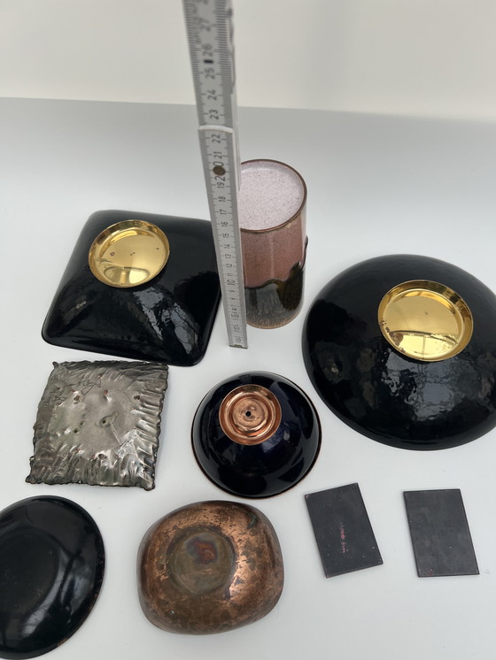 Image 1 of Mid-Century Copper Enamel Collection of Handcrafted Bowls & Vases (9 pieces)