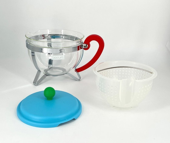 Image 1 of Rare Vintage Bodum Tea Set with Glass Teapot "Chambord"& Mugs – Scandinavian Postmodern Design, 1970s , 1980s
