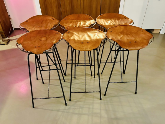 Image 1 of Barkrukken vintage industrieel met echt leren zitting