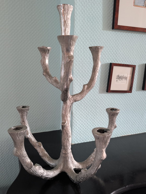 Image 1 of Bougeoir vintage en forme de tronc d'arbre argenté pour 7 bougies