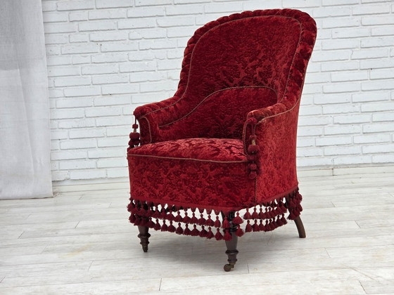 Image 1 of Fauteuil danois à haut dossier, années 1950, revêtement en velours, pieds en bois de hêtre.