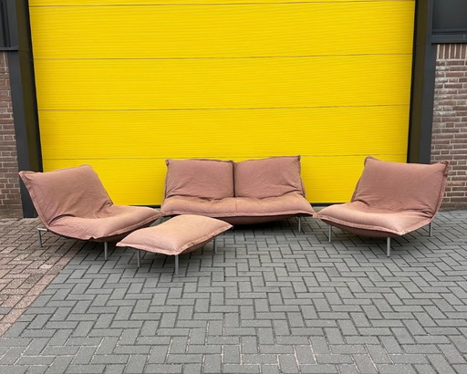 Ligne Roset Calin lounge set twee sits fauteuil hocker jaren 90 bruin paarsige dikke stof origineel hoezen verstelbare stoelen