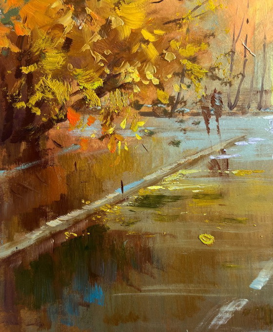 Image 1 of Original Oil Painting Autumn City Landscape Autumn in the heart of the city