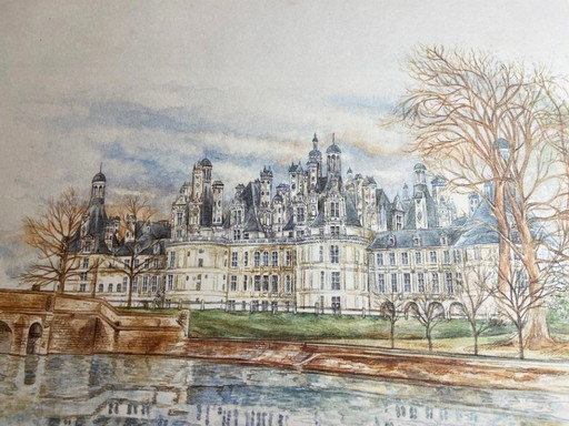 Mixed media, pencil, watercolor, Chambord Castle, art, France, painting, framed