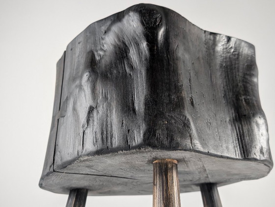 Image 1 of Black Ebonized Wabi-Sabi Wood Stool with Butterfly Joints
