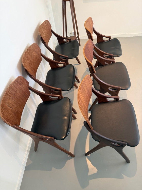 6× Arne Hovmand-Olsen Model 71 Dining chairs, Mogens Kold, Denmark 1959, Mogens Kold Møbelfabrik, Wood, Skai (photo 6 of 6)