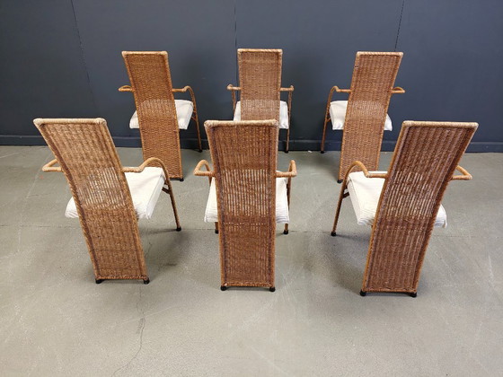 Image 1 of Vintage wicker high back dining chairs set of 6 - 1980s