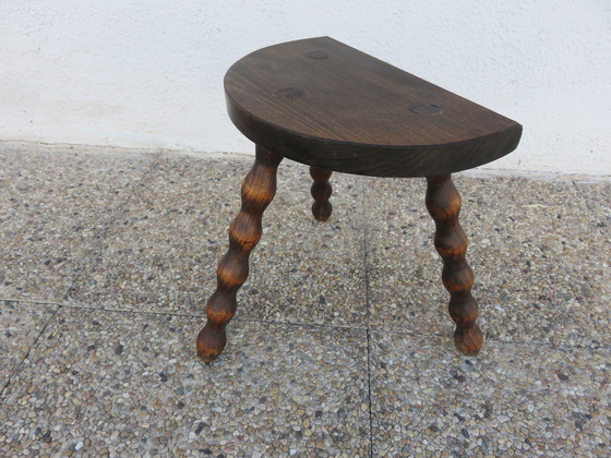 Image 1 of Tripod stool, Brutalist, solid wood, half-moon seat, 50s 60s