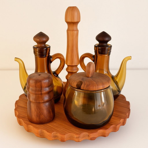 Set olio e aceto vintage – vetro ambrato e legno – vassoio