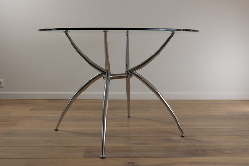 Table de salle à manger ronde Space Age en verre et aluminium chromé