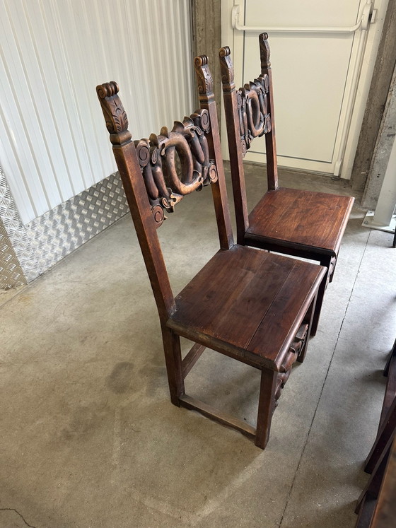 6 Alsatian carved and openwork wooden chairs - 19th century, Dining chairs, Brown (photo 6 of 15)