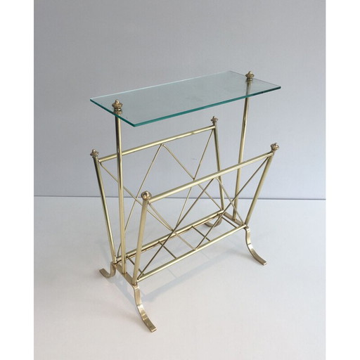 Vintage brass magazine rack and Neoclassical glass shelf, 1940