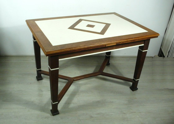 Image 1 of Table de salle à manger antique extensible en chêne massif + crème-blanc, Art Nouveau Nikolaischule vers 1900