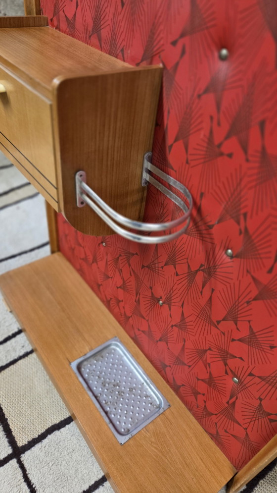 Image 1 of Vintage 1950s/60s Wall-Mounted Coat Rack – Red and Wood Rockabilly Design Cloakroom