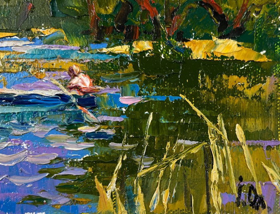 Image 1 of Original Oil Painting Summer Nature Landscape A boat ride along the river