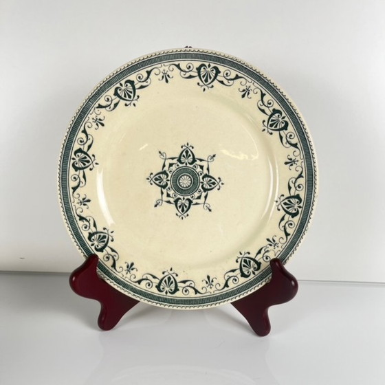 Image 1 of Set van 8 "Admiral" dessertborden van ijzersteen, Creil & Montereau, groenblauw, eind 19e eeuw
